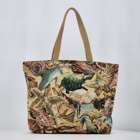Vintage Sea Creature Tapestry Shopper Tote Bag Ocean Dolphin Turtle Shells - Picture 5 of 11